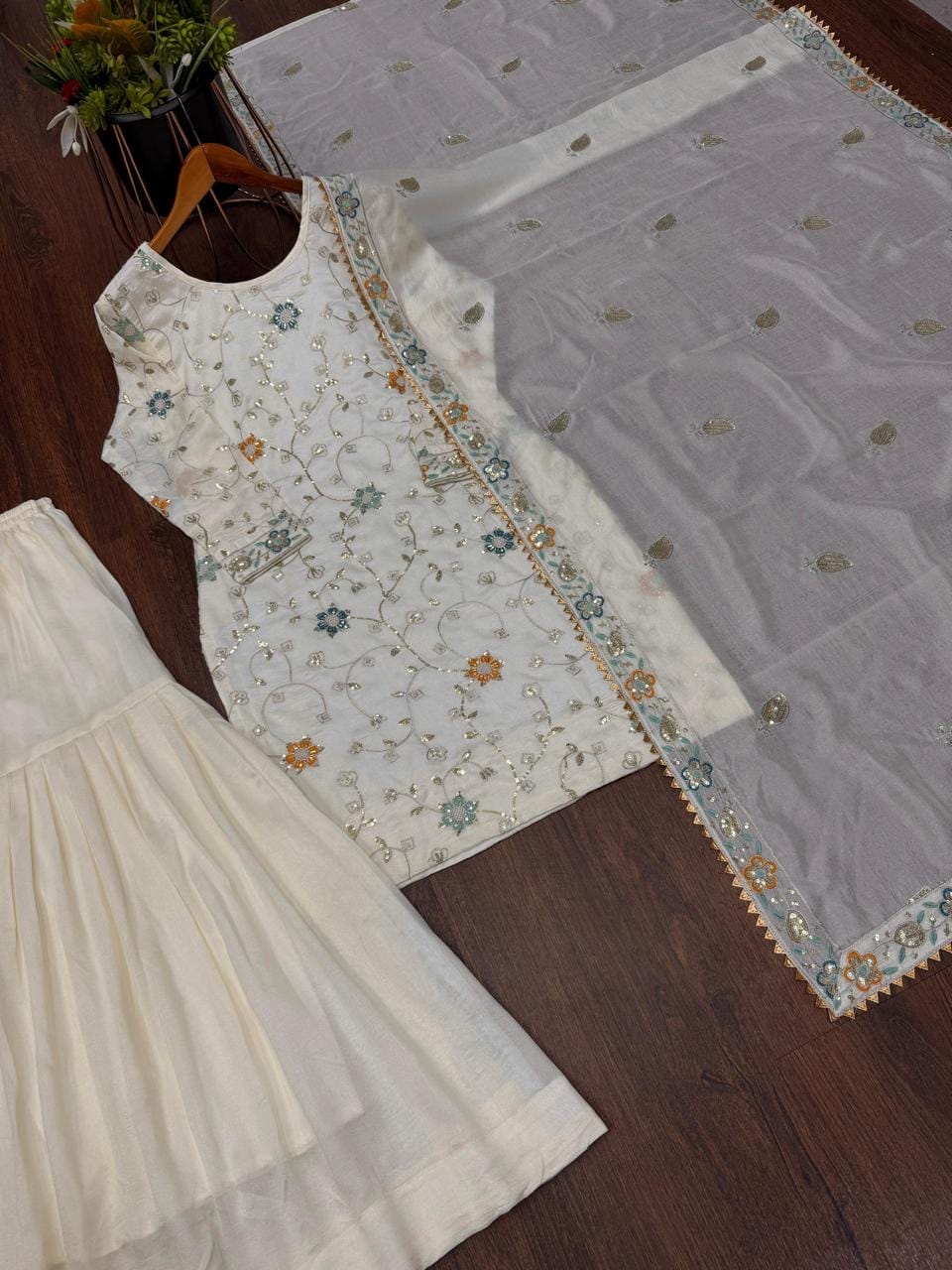 Sequence Embroidery Work Trending Kurti Sharara Dupatta Set