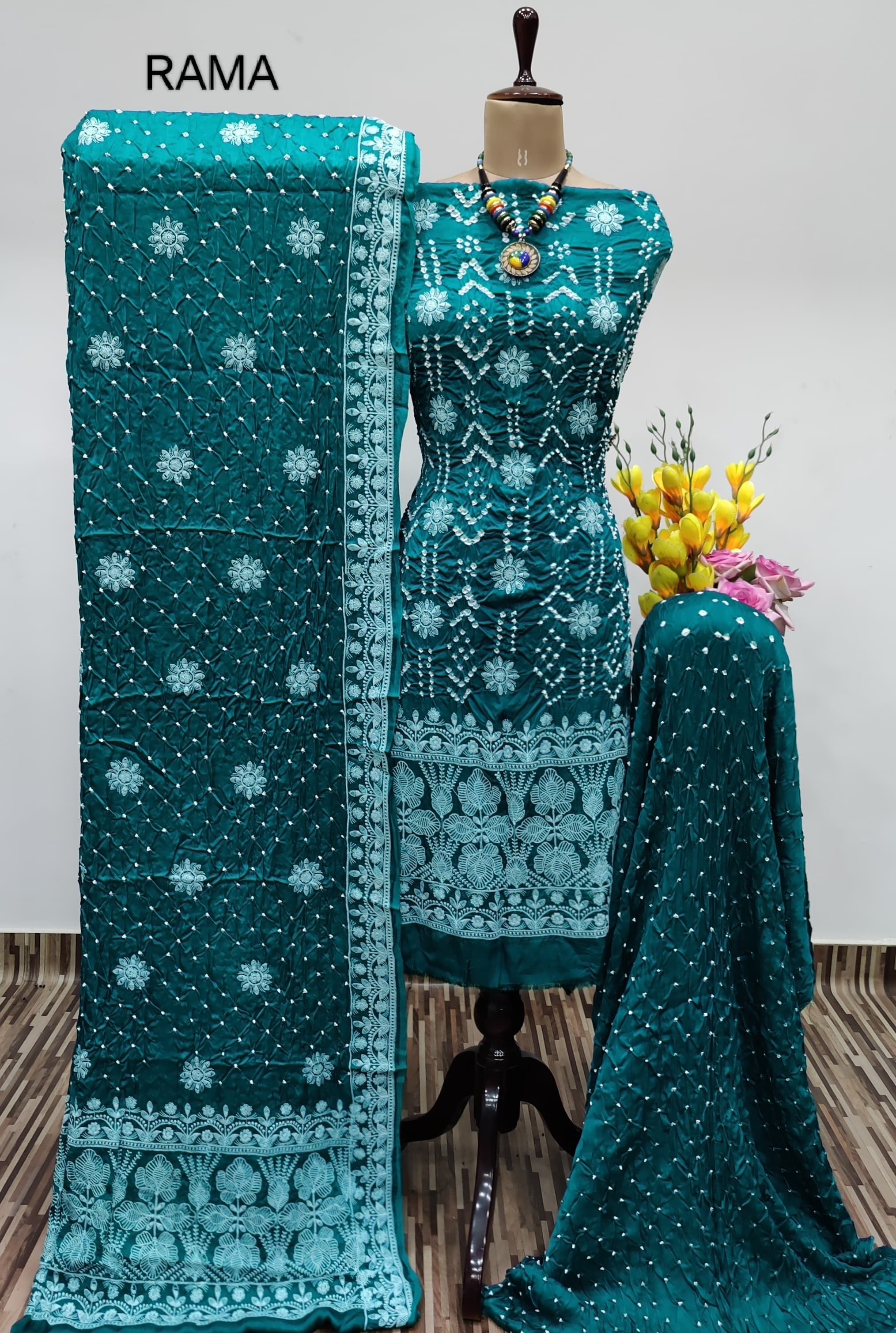 Modal Silk Lakhnavi Thread Embroidery work Bandhani Dress Material (Unstitched)