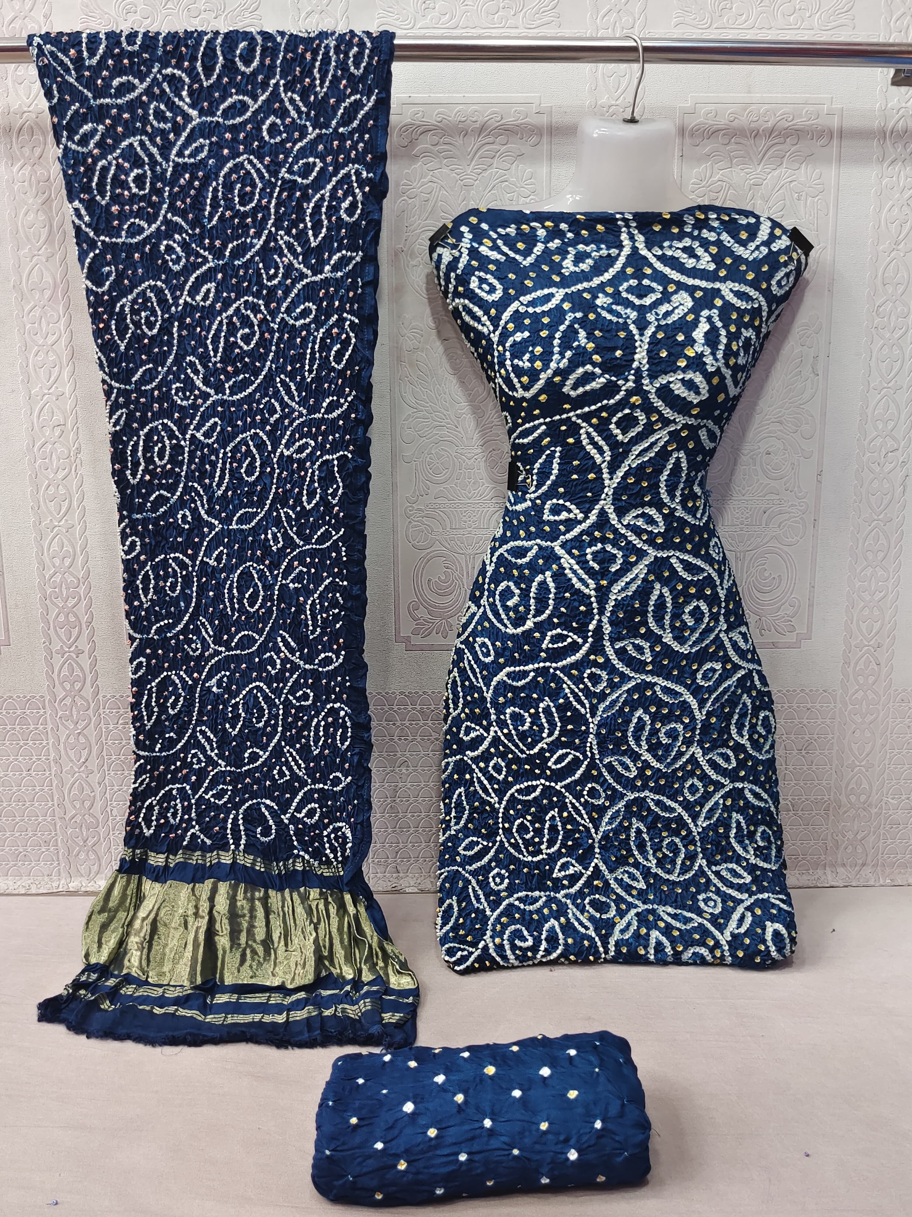 Modal Ghazi Silk barik Bandhej work Kutchi Bandhani Dress Material