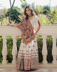 Muslin Digital Print With Mirror Work White Concept Navratri Special Designer Chaniya Choli