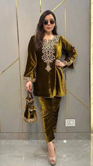 Neck Embroidery work Velvet Kurti Pant Set (Stitched)