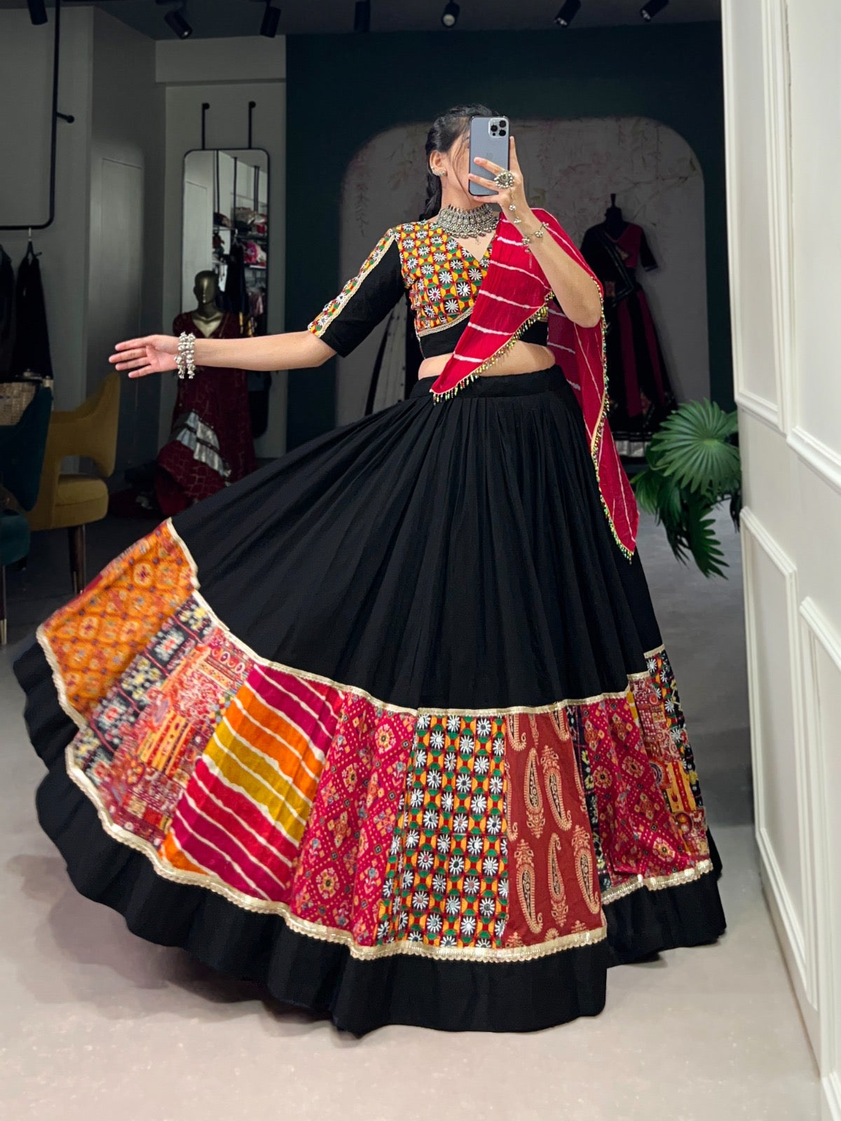 Rayon Printed with Gamthi Work Authentic Gujrati Navratri Chaniya Choli