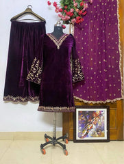 Lace work Velvet Kurti Pant Set ( Stitched)