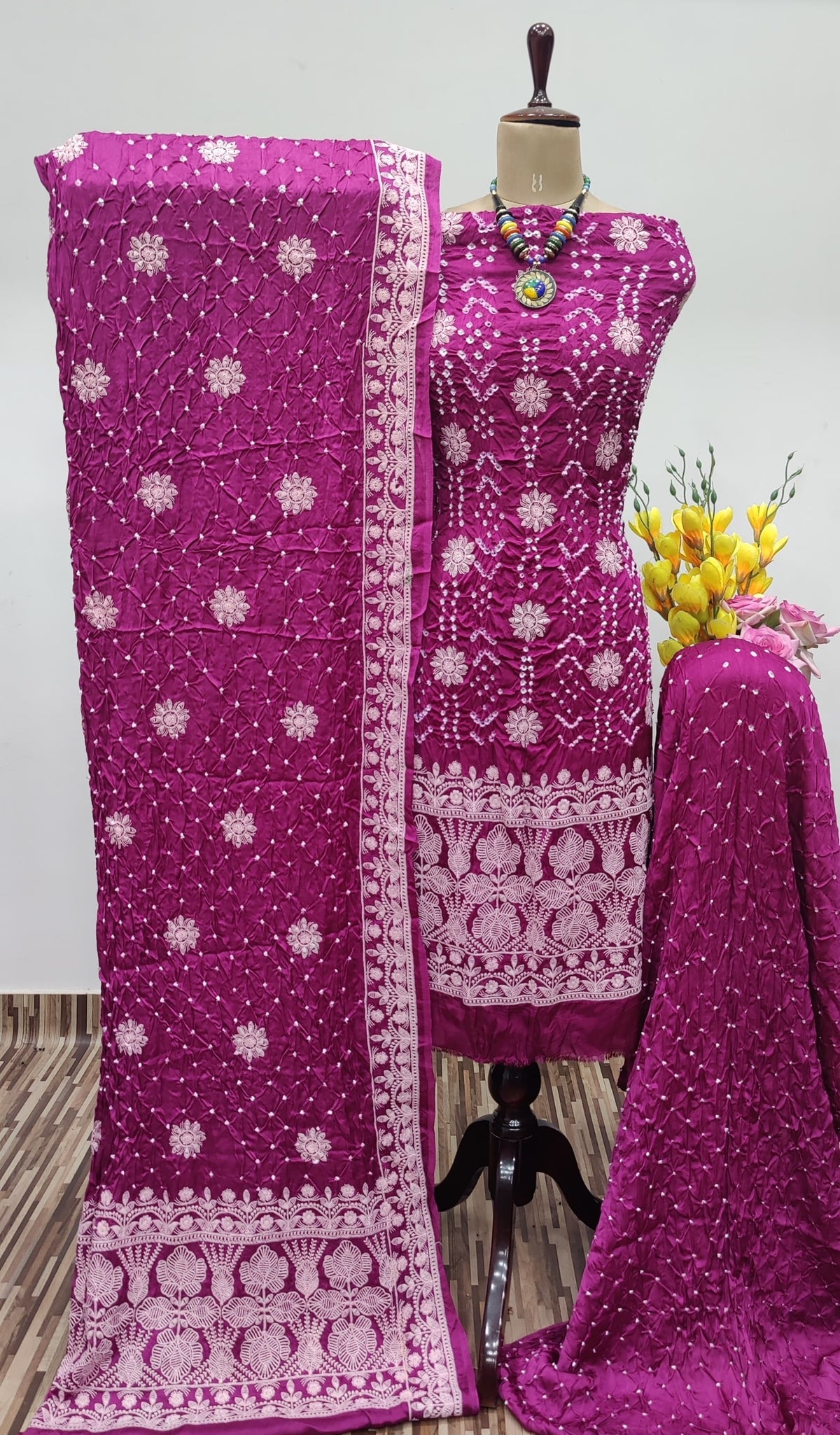 Modal Silk Lakhnavi Thread Embroidery work Bandhani Dress Material (Unstitched)