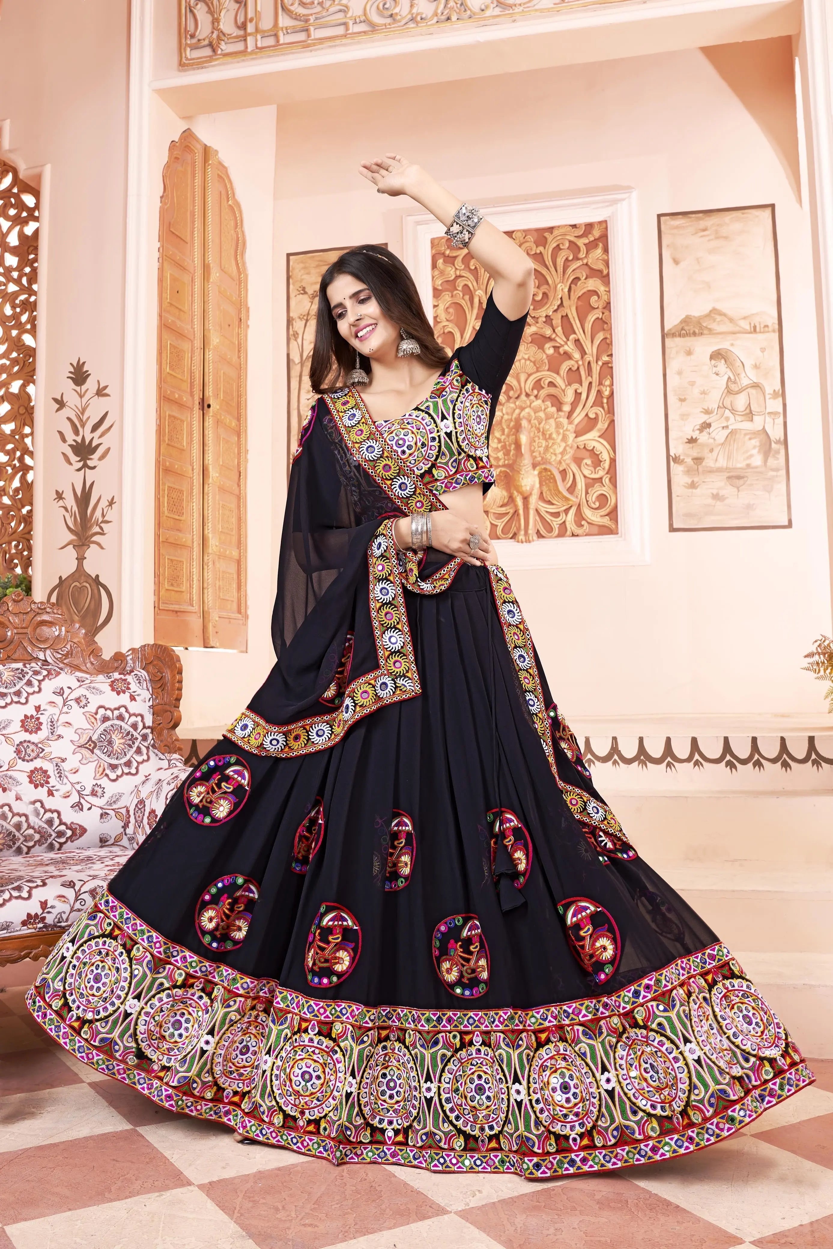 Faux Gerogette Full Mirror work Chaniya Choli (Stitched)