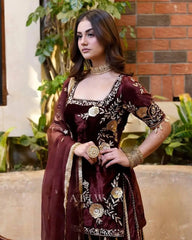 Pure Viscos Heavy Velvet Embroidery Work Velvet Kurti Sharara Set