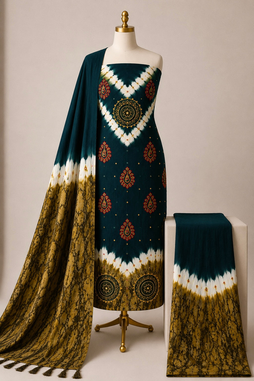 Soft Cotton Mirror Khatli Thread Work 3pc Unstitched Shibori Bandhani Dress Material