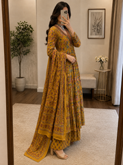 Pure Cotton Floral Printed A Line 3Pc Kurti Pant Dupatta Set