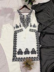 Rayon Chikankari Work Kurti Pant Dupatta Set