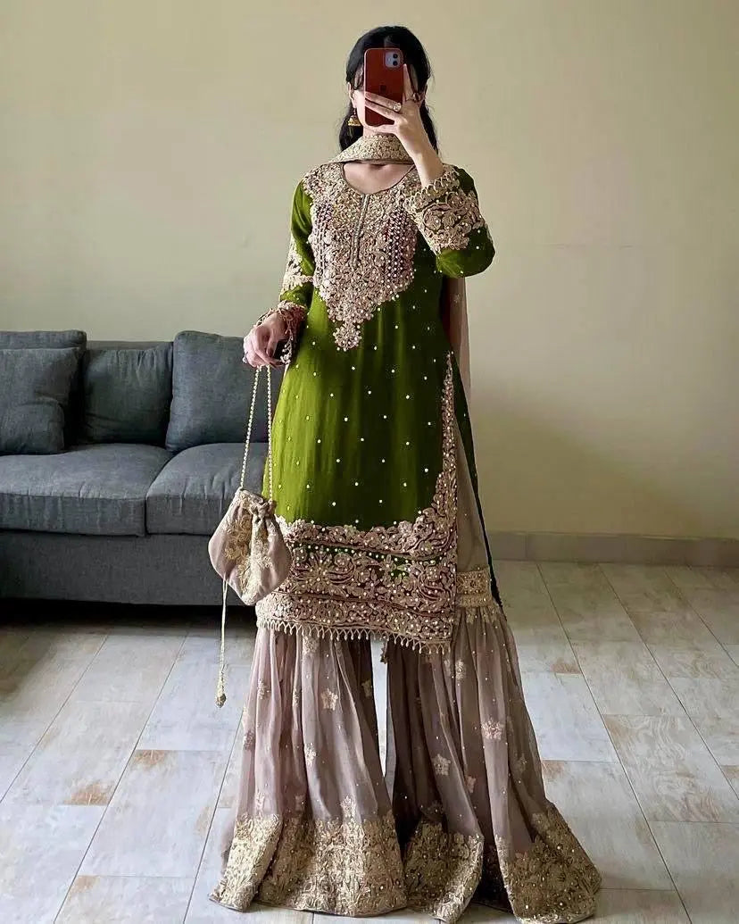 Real mirror Embroidery work Kurti Sharara Dupatta set