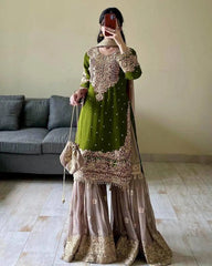 Real mirror Embroidery work Kurti Sharara Dupatta set