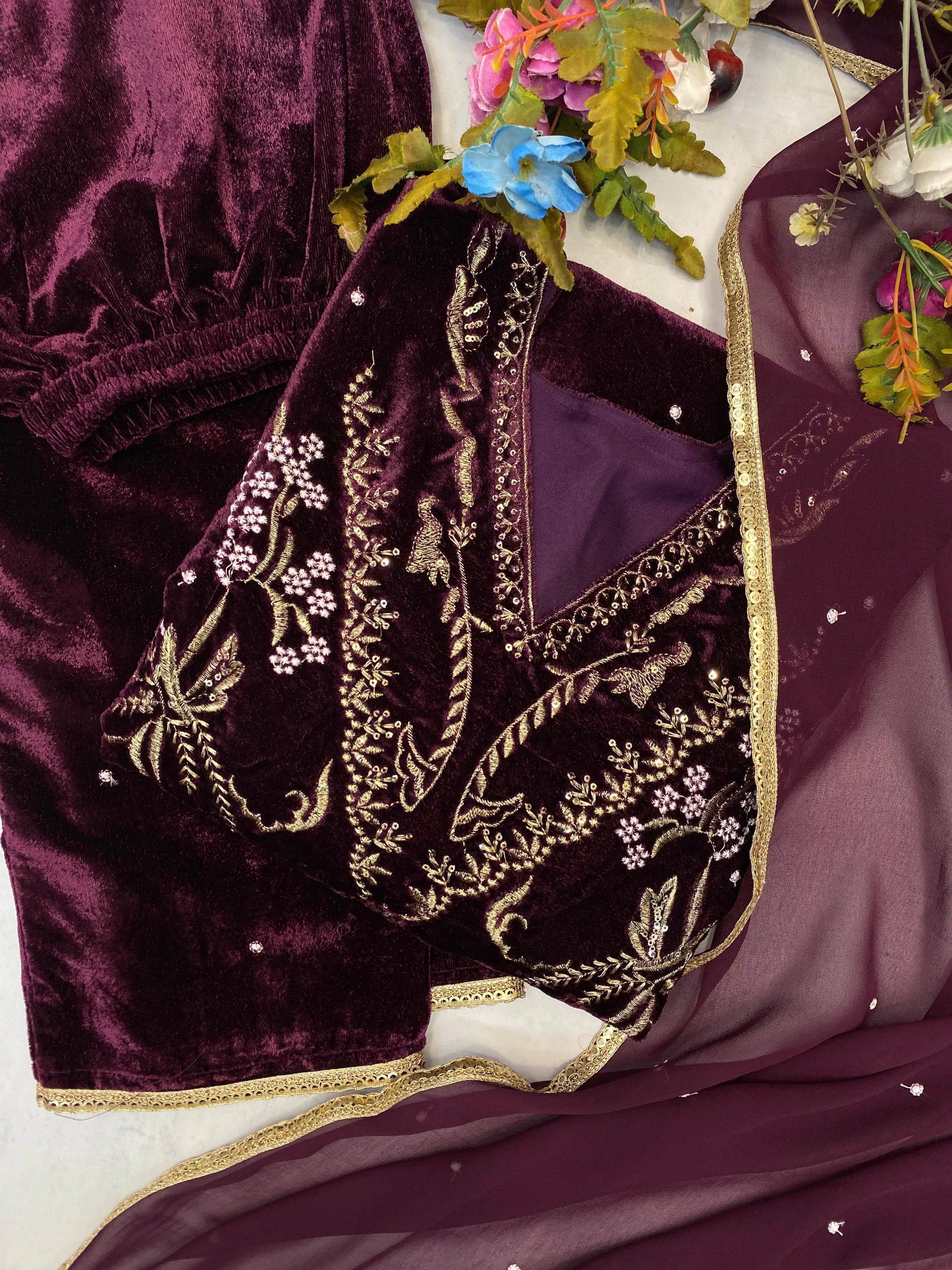 Winter Special Embroidery kodi work Velvet Kurti Pant Dupatta Set