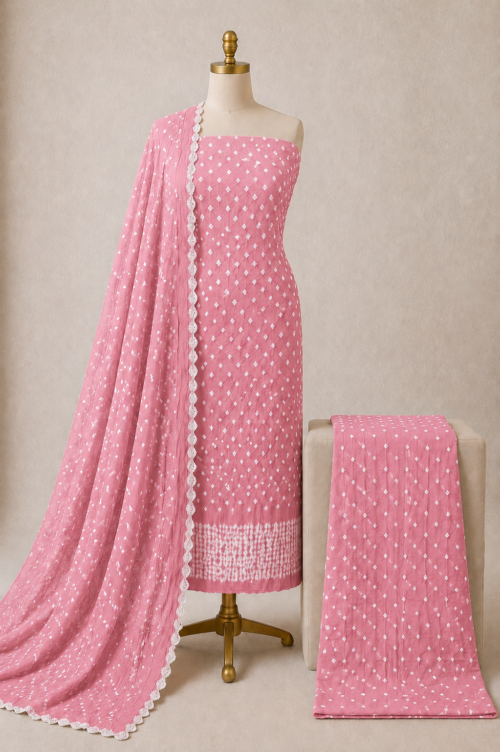 Soft Cotton Self Color 3Pc Unstitched Bandhani Dress Material