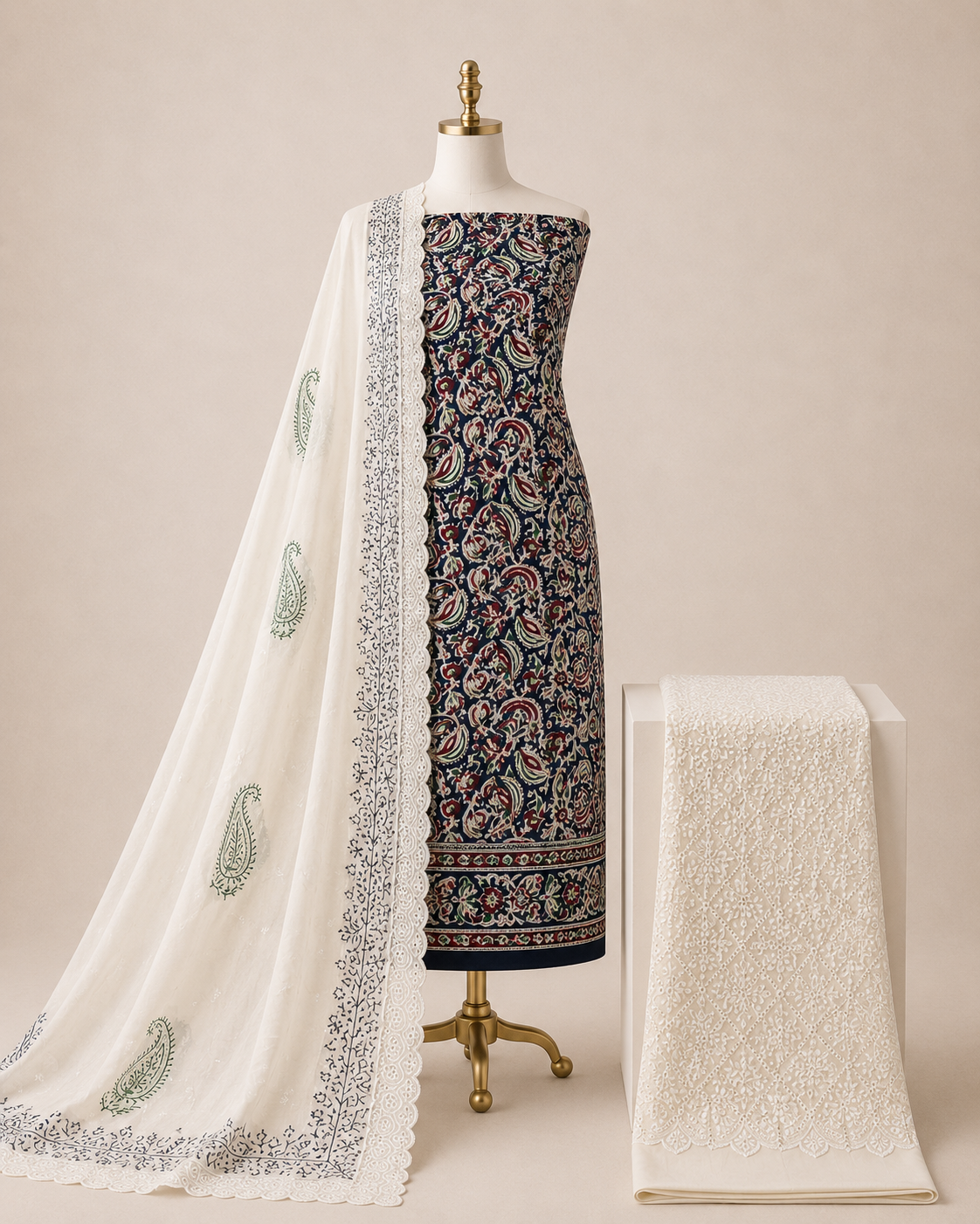 Soft Cotton Hand Blocked Ajrakh with Chikan Work Bottom 3pc Unstitched Dress Material
