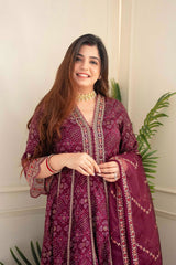 Premium Zari Weaving Printed Kurti Pant Dupatta Set (Stitched)
