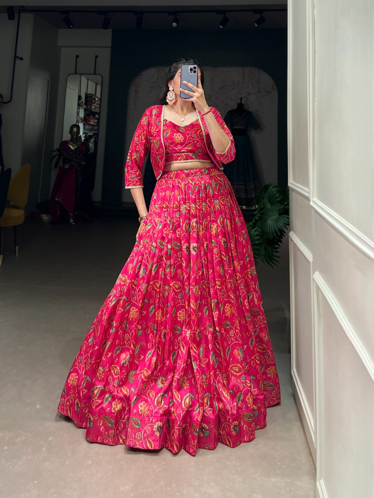 Tussar Silk Floral Print Gota Patti work Lehenga Choli Set (Ready to Wear)