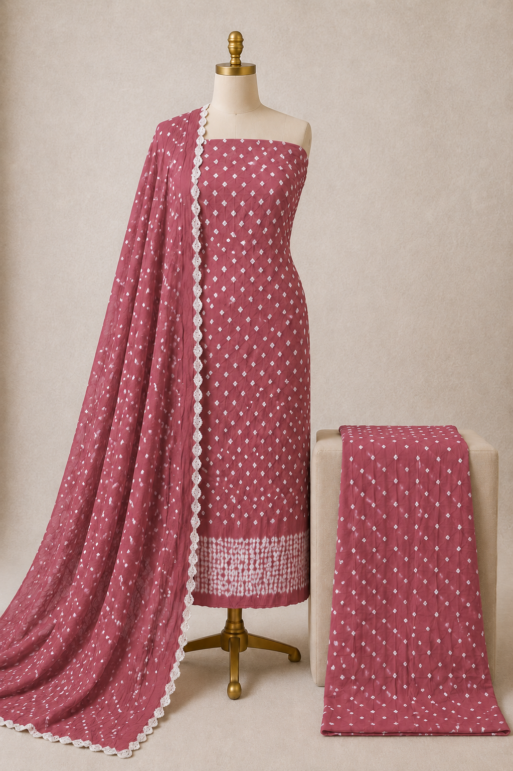 Soft Cotton Self Color 3Pc Unstitched Bandhani Dress Material