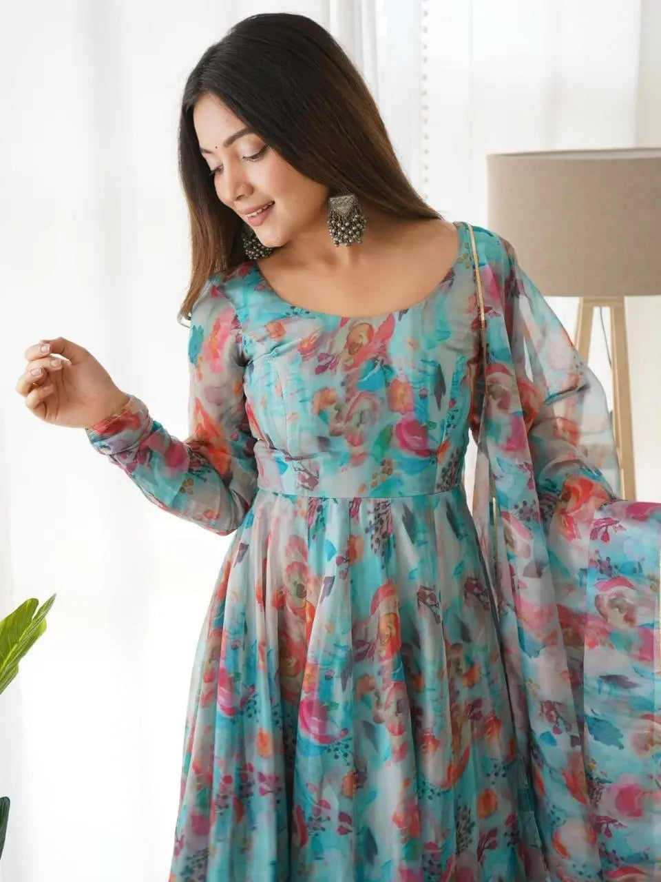 Organza Floral Digital Print Flair Dress Suit