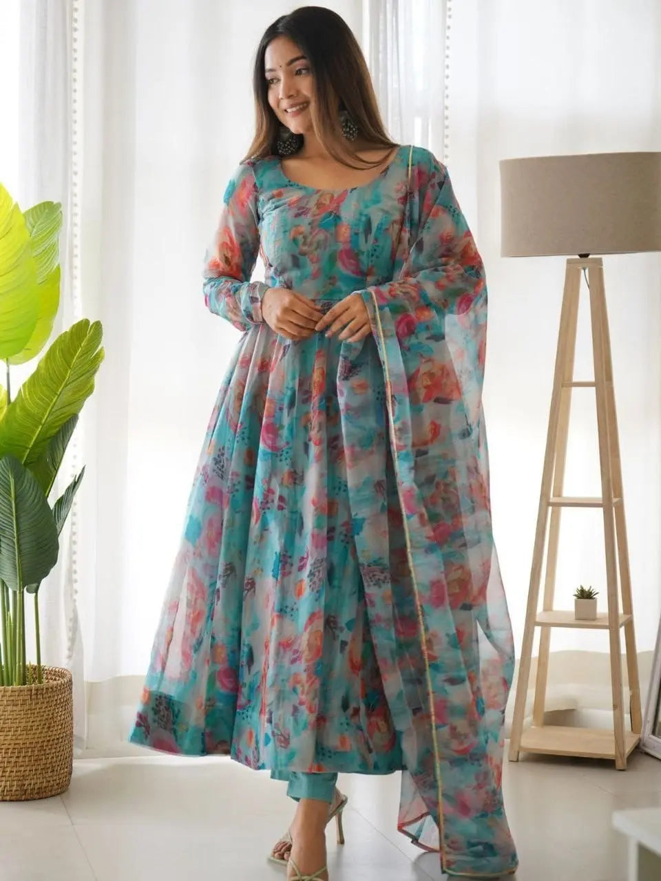 Organza Floral Digital Print Flair Dress Suit