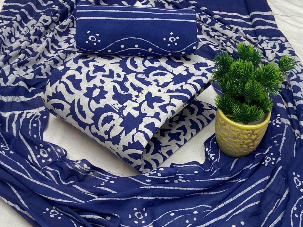Soft Cotton Hand Blocked Wax Batik Dress Material (Unstitched)