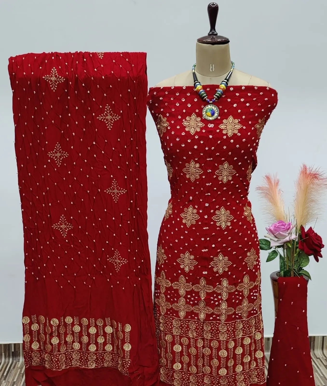 Reyon Embroidery Work Authentic Hand Crafted Kutch Bandhani Dress Material