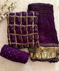 Modal Silk Golden Chex Work Jamnagar Bandhani Dress Material