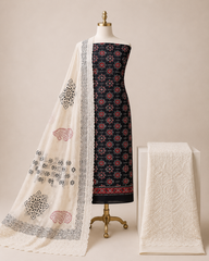 Soft Cotton Hand Blocked Ajrakh Chikan Work 3Pc Unstitched Dress Material (Unstitched)