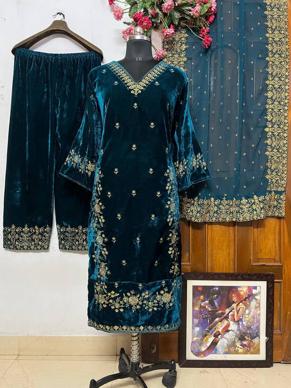 Winter Special Velvet Embroidery work Kurti Palazzo Set with Dupatta