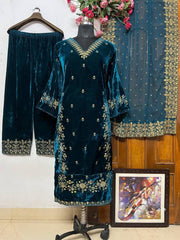 Winter Special Velvet Embroidery work Kurti Palazzo Set with Dupatta