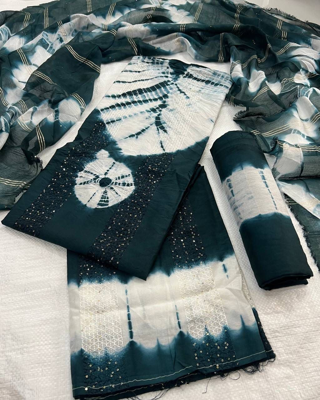 Pure Viscos Cotton Shibori 3 Pc Bandhani Dress Material (Unstitched)