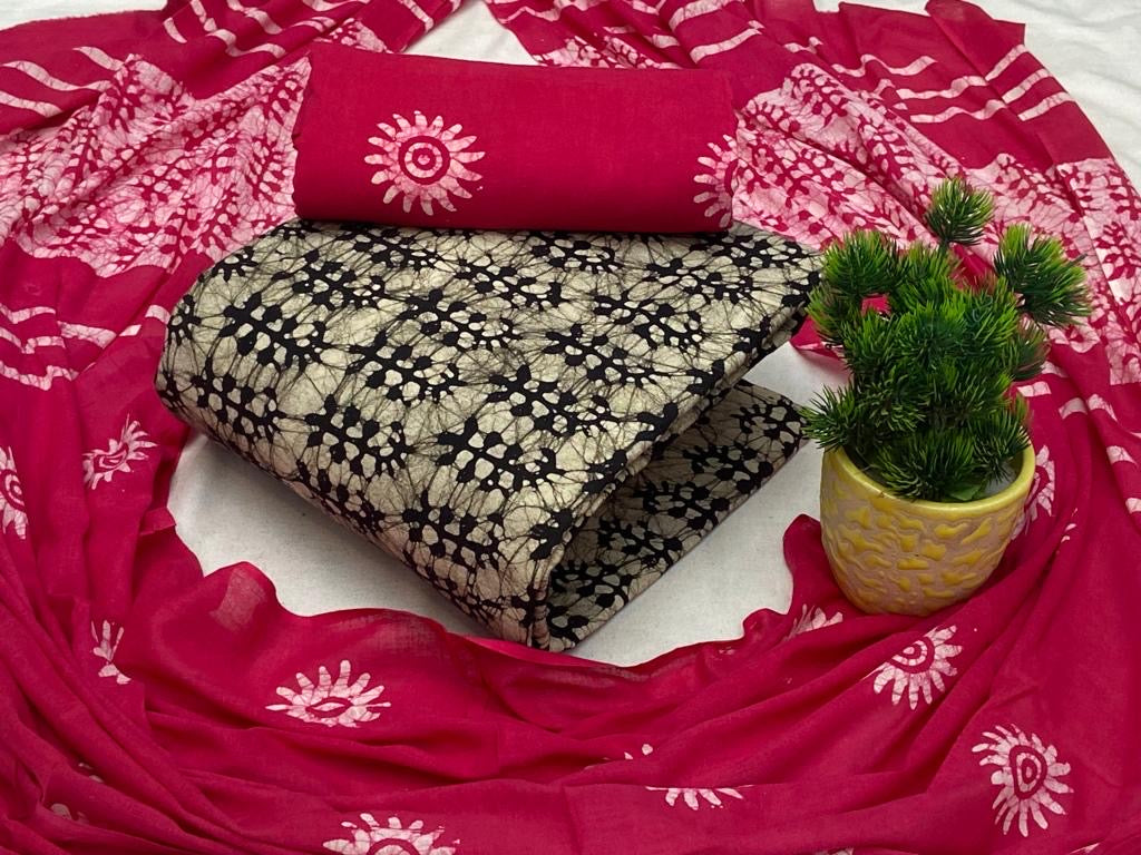 Soft Cotton Hand Blocked Wax Batik Dress Material (Unstitched)