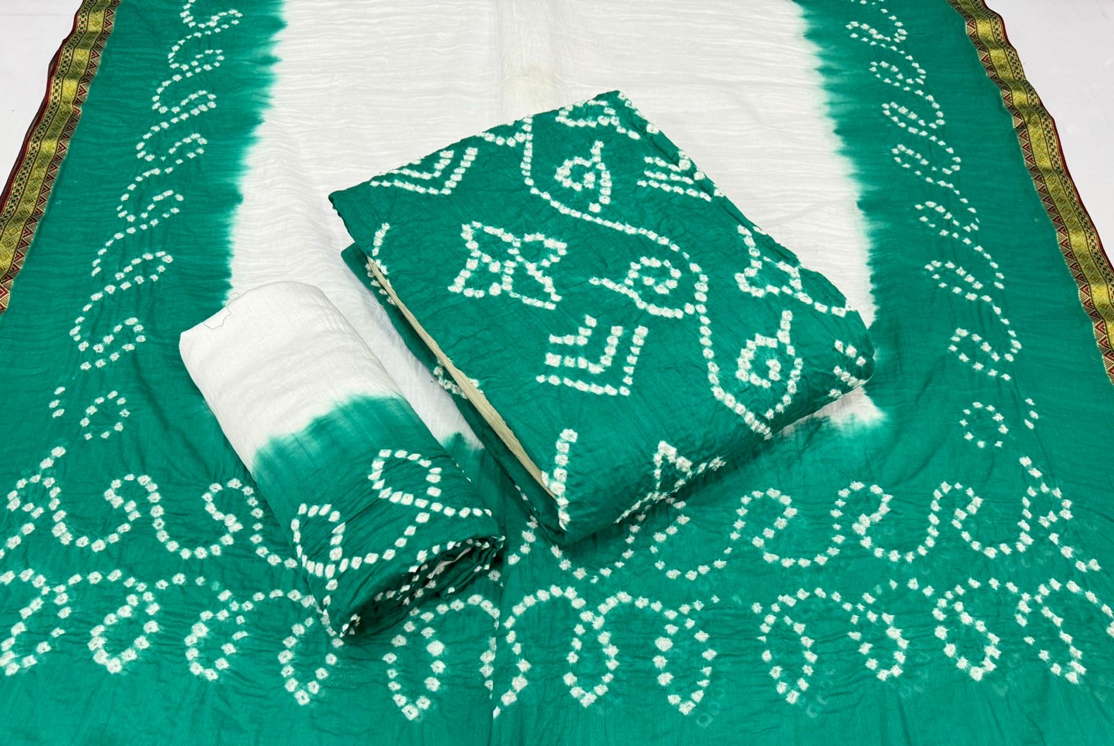 Soft Cotton Satin White Concept Barik Bandhej Work Kutch Bandhani Dress Material
