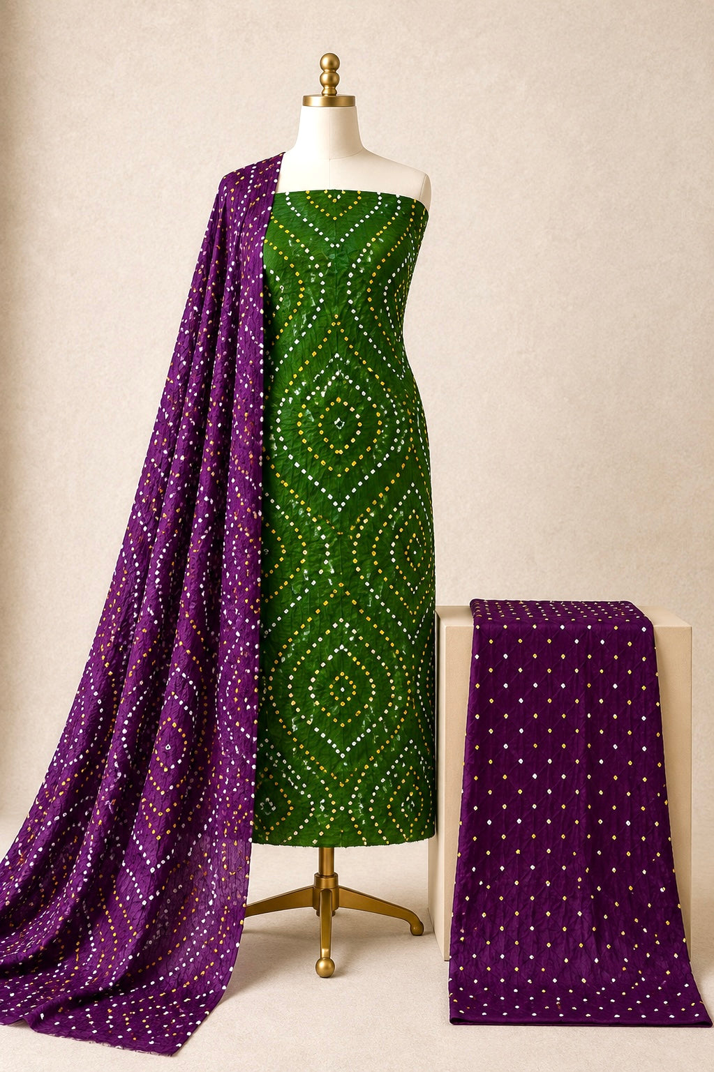 Premium Cotton Authentic Jamnagar Handmade 3Pc Bandhani Dress Material