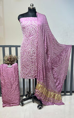 Modal Silk Original Kutch Hand Crafted Barik Bandhej Work Silk Bandhani Dress Material (Unstitched)