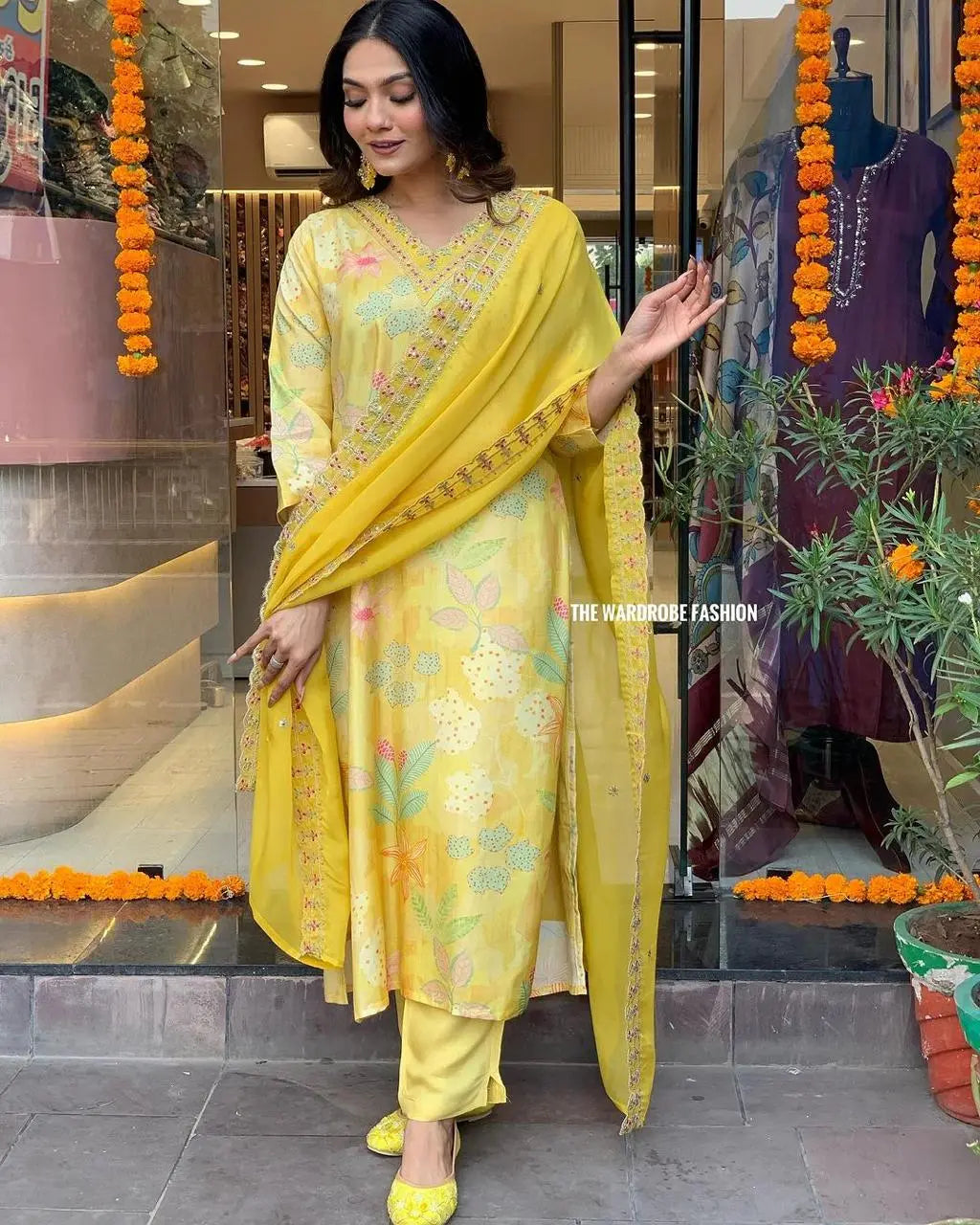 Muslin Silk digital Print with Embroidery work Kurti Pant Dupatta Set