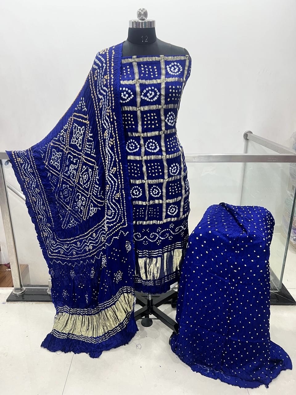 Modal Silk Golden Chex Rai Bandhej Bandhani Dress Material