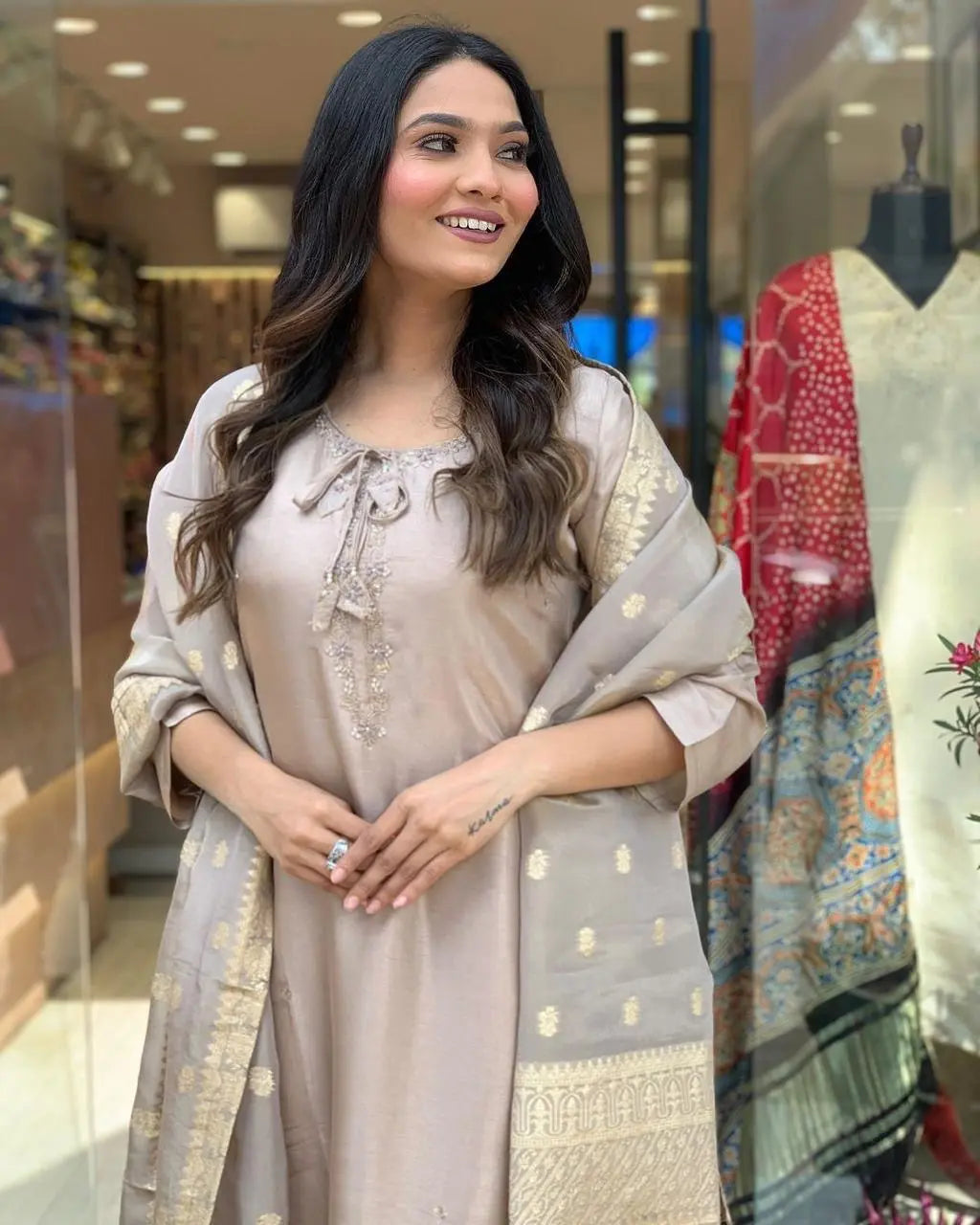 Roman Silk Jeckard Hand work Zari Weaving work Kurti Pant Dupatta Set (Stitched)