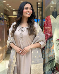 Roman Silk Jeckard Hand work Zari Weaving work Kurti Pant Dupatta Set (Stitched)