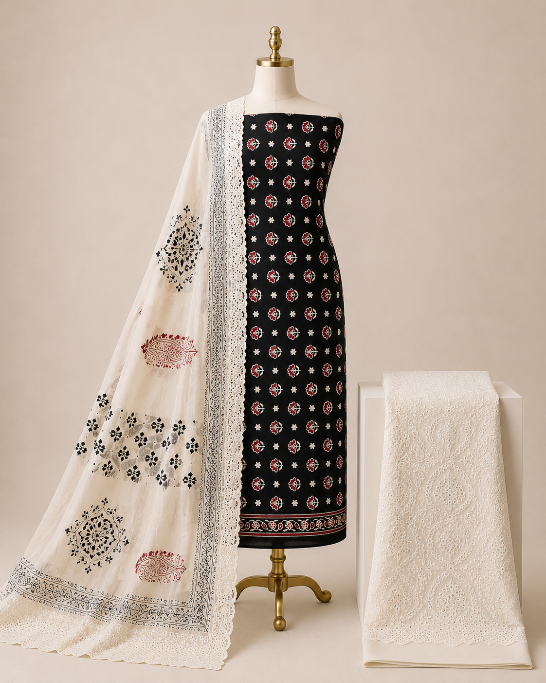 Soft Cotton Hand Blocked Ajrakh & Chikan Work 3Pc Dress Material(Unstitched)