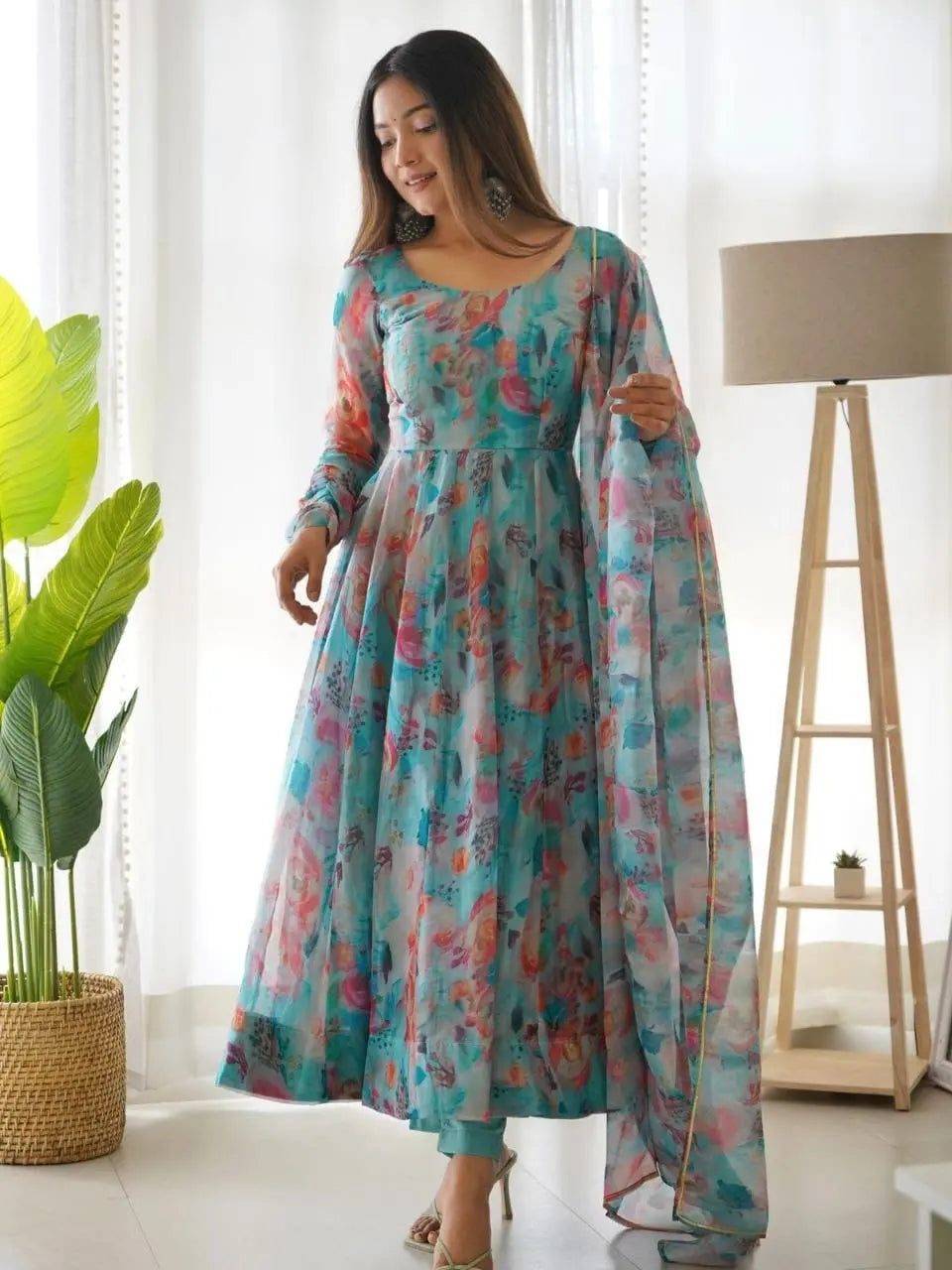 Organza Floral Digital Print Flair Dress Suit