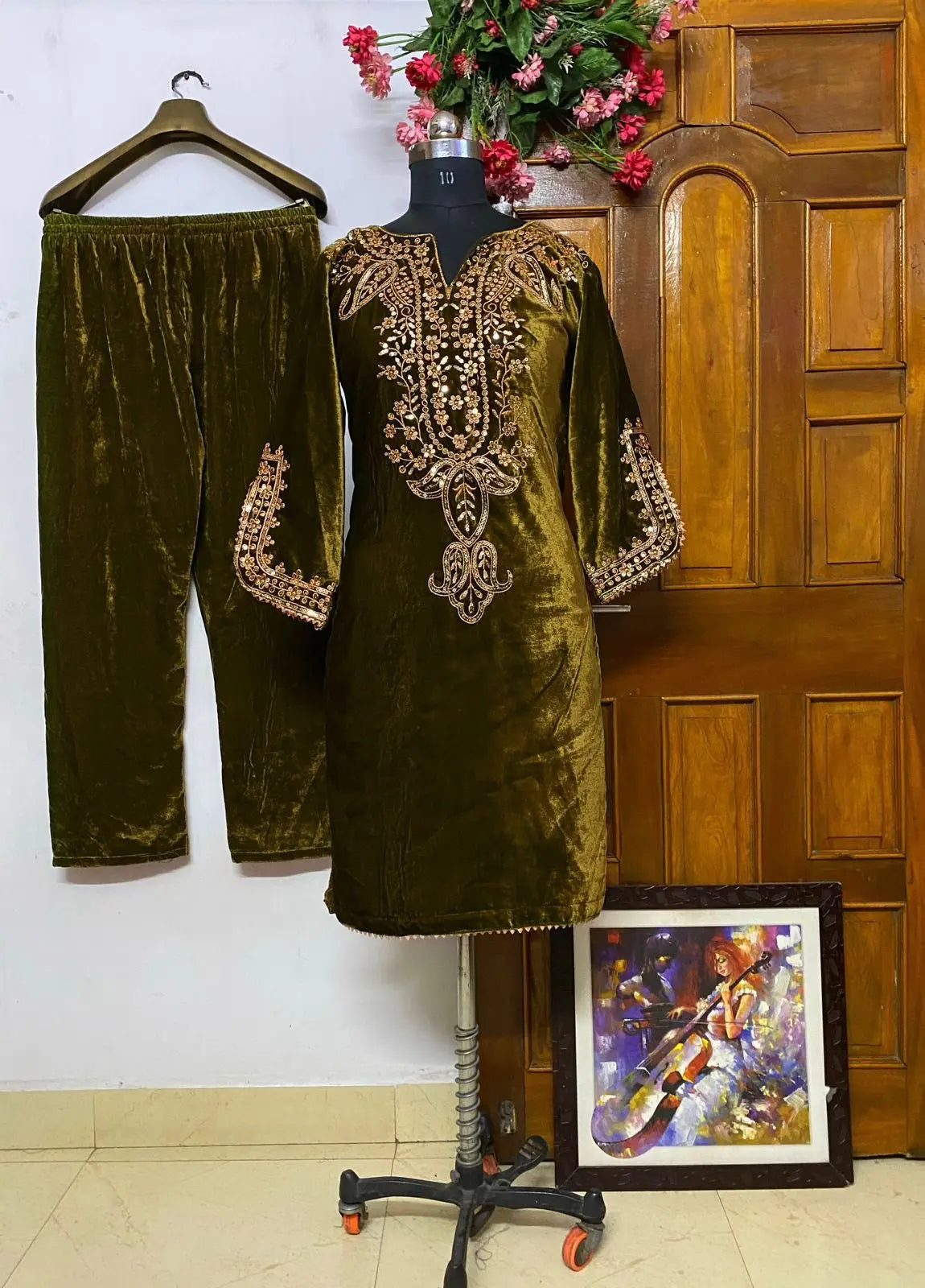 Neck Embroidery work Velvet Kurti Pant Set (Stitched)