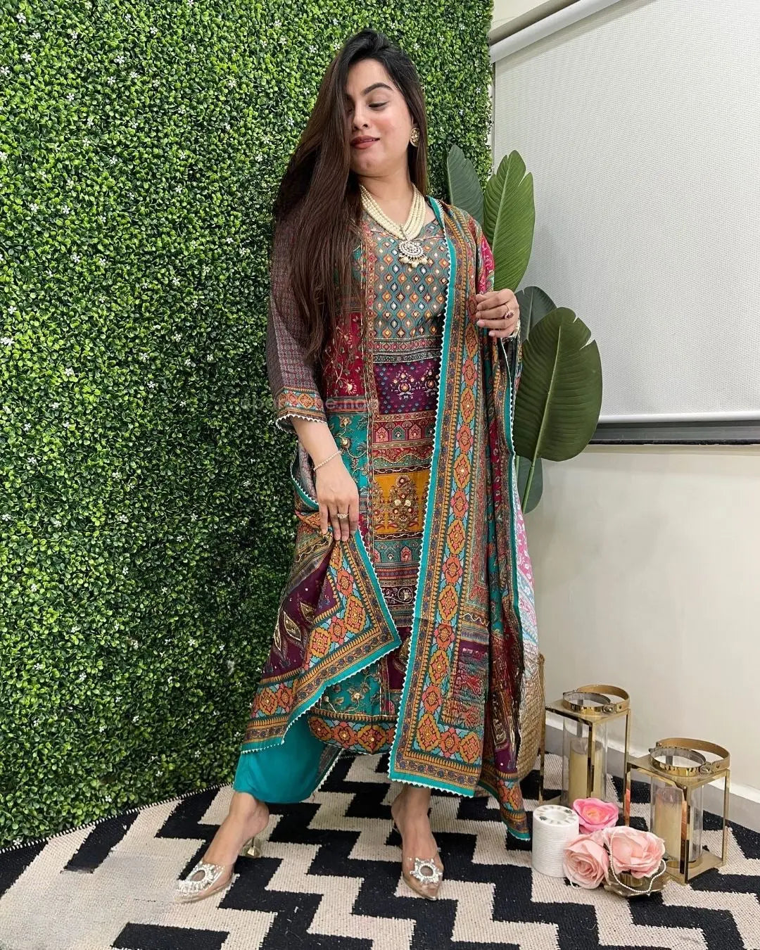 Muslin Real Mirror work Digital Print  Party wear Kurti Pant Dupatta set