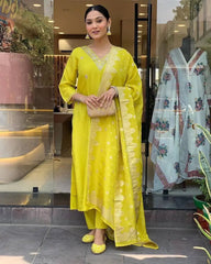 Zari Weaving Roman Silk Kurti Pant Dupatta Set (Stitched)