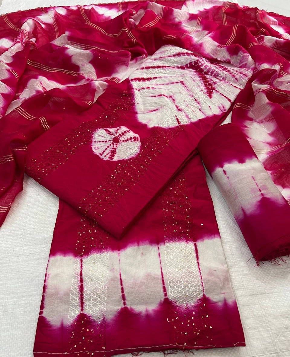 Pure Viscos Cotton Shibori 3 Pc Bandhani Dress Material (Unstitched)