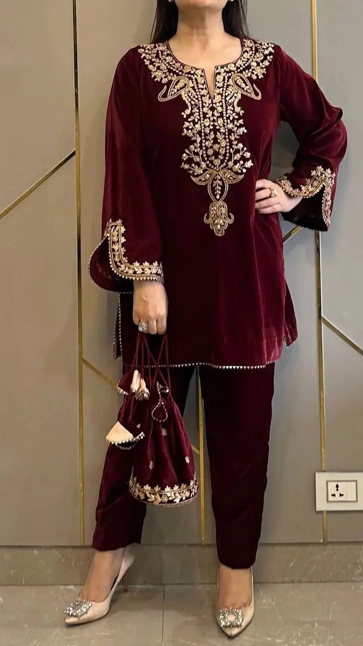 Neck Embroidery work Velvet Kurti Pant Set (Stitched)