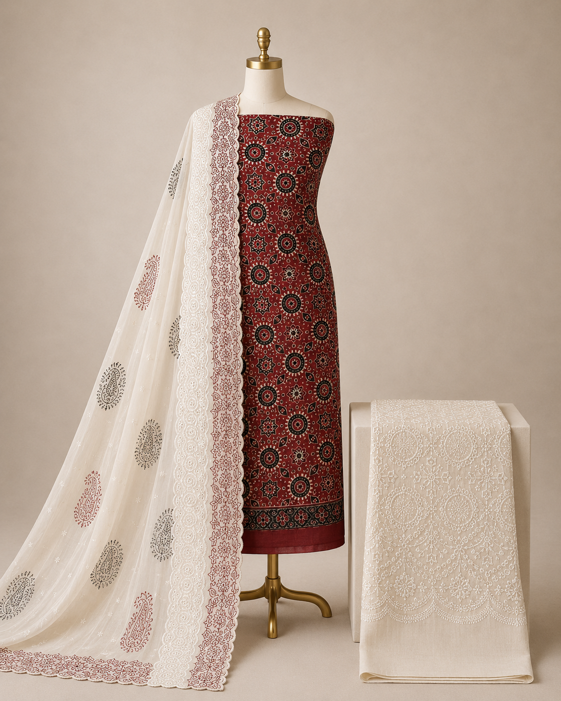 Soft Cotton Hand Block Ajrakh with Chikan Work Salwar Unstitched 3Pc Dress Material
