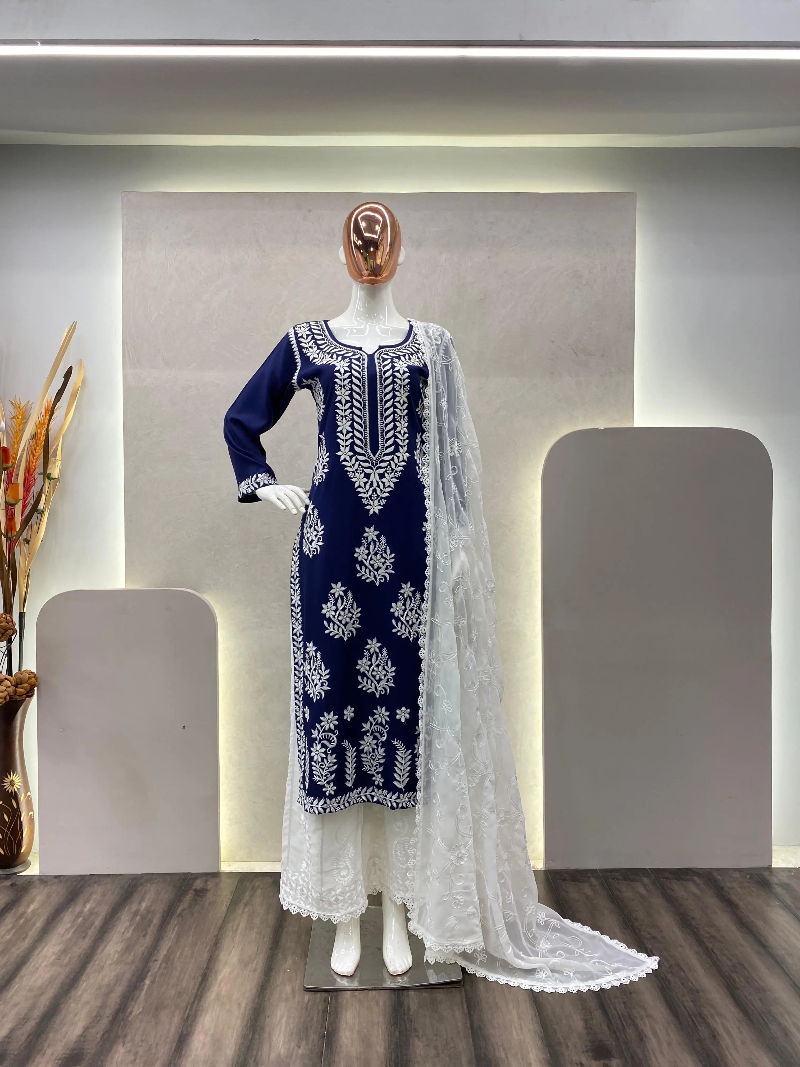 Thread Embroidery work Kurti Pant Dupatta Set (Stitched)
