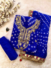 Silk Fabric Neck work with Fumka Work Dupatta Bandhani Dress Material ( Unstitched)