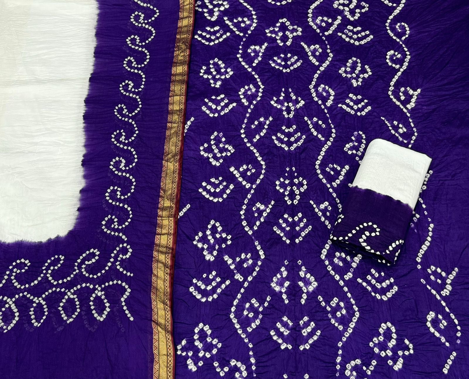 Soft Cotton Satin White Concept Barik Bandhej Work Kutch Bandhani Dress Material