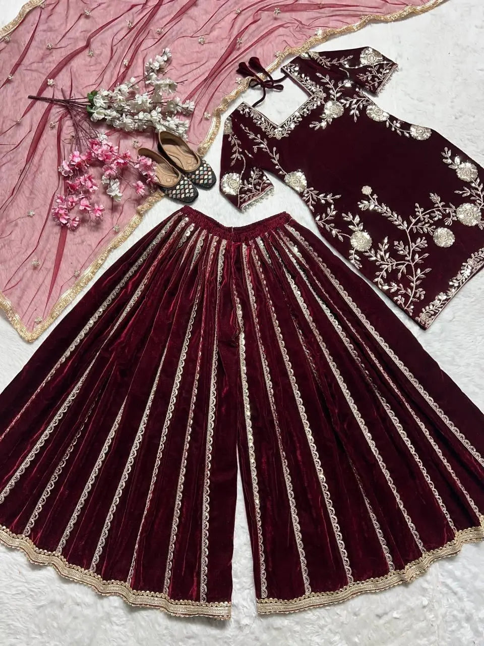 Pure Viscos Heavy Velvet Embroidery Work Velvet Kurti Sharara Set